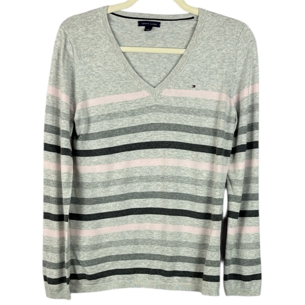 Tommy Hilfiger Cotton Gray Pink Stripes V-Neck Medium Sweater
